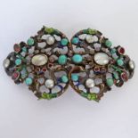 19TH CENTURY CONTINENTAL SILVER BELT BUCKLE SET WITH TURQUOISE, GARNET & MOTHER OF PEARL WITH ENAMEL