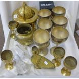SELECTION OF BRASSWARE AND SILVER PLATED WARE INCLUDING CUTLERY, GLOBES, GOBLETS ETC