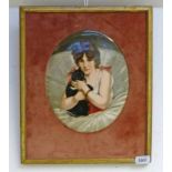 OVAL EARLY 20TH CENTURY PORCELAIN PLAQUE OF FAIR WOMAN WITH CAT SIGNED HERRMANN 26.5CM