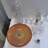 YELLOW AND ORANGE ART GLASS BOWL, 19TH CENTURY CUT GLASS DECANTERS AND VARIOUS GLASSES, ETC