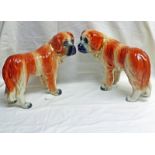19TH CENTURY PAIR OF BROWN & WHITE  WALLY DOGS WITH GILT DECORATION