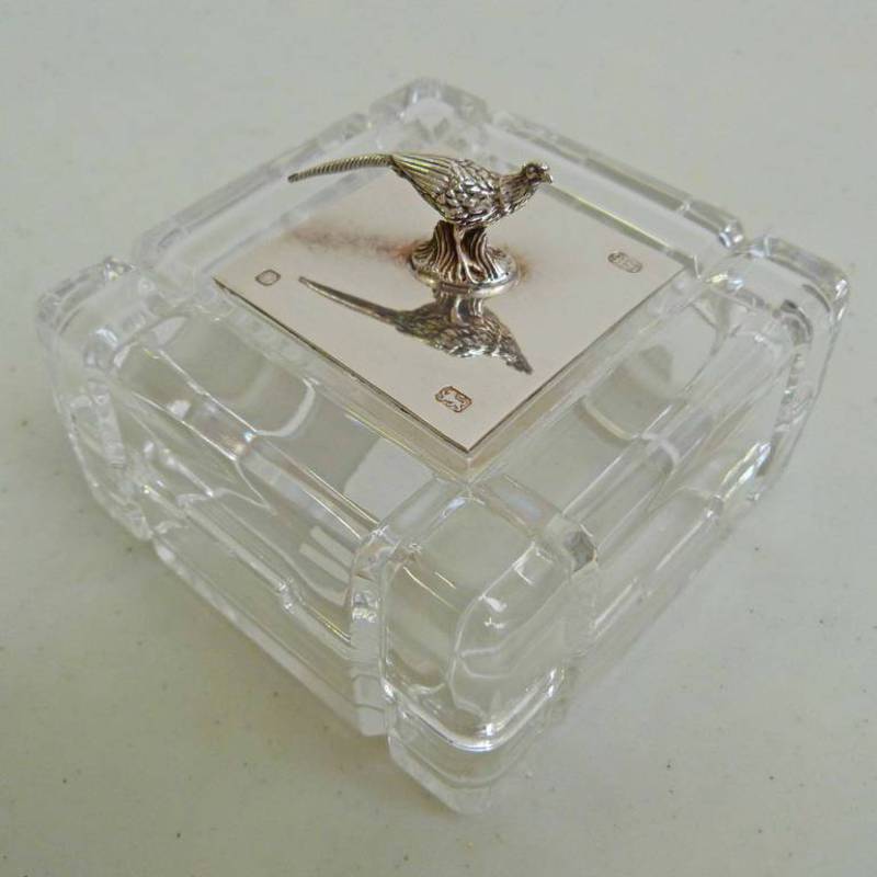 SILVER TOPPED LIDDED CRYSTAL DISH WITH PHEASANT FINIAL