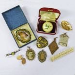 9 CARAT GOLD CUFFLINK, SILVER MEDALLION, 2 OTHER MEDALLION, PICTURE LOCKET AND BROOCHES