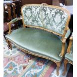 20TH CENTURY PARLOUR SUITE CONSISTING OF SOFA & 2 OPEN ARMCHAIRS WITH CARVED DECORATION ON