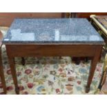 19TH CENTURY MAHOGANY MARBLE TOPPED SIDE TABLE WITH 2 DRAWERS & SQUARE SUPPORTS