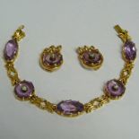 AMETHYST & DIAMOND SET PANEL BRACELET WITH PAIR OF MATCHING EARCLIPS