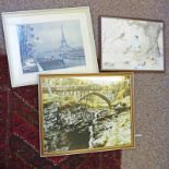 FRAMED CARTOON DRAWING PHEASANTS, FRAMED PHOTOGRAPH OF BRIDGE OF LINN O'DEE & FRAMED PRINT THE