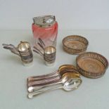SET OF 12 SILVER PLATED CUPS WITH CORONET CREST BY MAPPIN & WEBB, 2 SILVER PLATED WINE SLIDES,