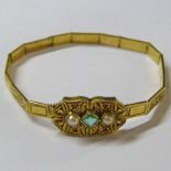 VICTORIAN DECORATIVE PANEL BRACELET WITH EMERALD & HALF PEARL PANEL TO FRONT