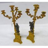 PAIR OF 19TH CENTURY GILDED CANDELABRA WITH 3 BRANCHES BRONZE CLASSICAL FIGURES ON SHAPED BASES,
