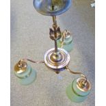 EARLY 20TH CENTURY COPPER ON BRASS 3 BRANCH CENTRE CEILING LIGHT FITTING WITH GREEN GLASS SHADES