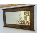 EARLY 20TH CENTURY OAK FRAMED OVER MANTLE MIRROR 54CM TALL