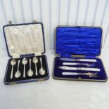 CASED SET OF 6 SILVER TEASPOONS MARKED GLASGOW 1947 AND CASED PATISSERIE SET WITH MOTHER OF PEARL