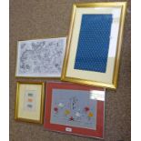 FRAMED WATERCOLOUR ON MATERIAL, FRAMED SEWNWORK PICTURE, FRAMED VIEW OF BLANDFORD, FRAMED ENGRAVING,