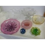 SELECTION OF GLASSWARE INCLUDING 2 PAPERWEIGHTS, CARNIVAL GLASS DISH, COLOURED GLASS WARE ETC