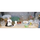 VARIOUS GLASS BOWLS, JUGS DECANTERS, MISSING BOWL ETC