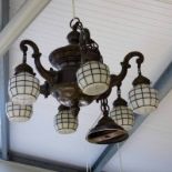 BRASS CENTRE LIGHT FITTINGS WITH 6 ART DECO STYLE GLASS SHADES