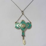 ARTS & CRAFTS SILVER & ENAMEL PENDANT WITH MOTHER OF PEARL ON A SILVER CHAIN