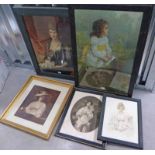 5 FEMALE PORTRAITS INCLUDING: THE BROKEN PITCHER  AFTER J.B GREUZE FRAMED ENGRAVING  42.5 X 34CM AND