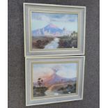 2 FRAMED WATERCOLOURS  VOLCANO SCENES SIGNED  C A DUNN  36 X 49