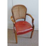 4 ARTS & CRAFTS STYLE BERGERE BACKED ARMCHAIRS WITH LEATHER SEATS