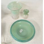 PERTHSHIRE GREEN GLASS BOWL, PERTHSHIRE GLASS VASE WITH GREEN DECORATION AND OTHER GLASS VASE