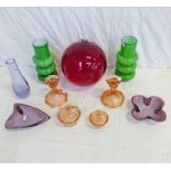 SELECTION OF COLOURED GLASS INCLUDED RED WITCHES BALL TOGETHER WITH VASES, CANDLESTICKS AND OTHERS