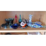 SELECTION OF COLOURED GLASS INCLUDING VASES, BOWLS TOGETHER WITH DECORATIVE FISH AND BIRD