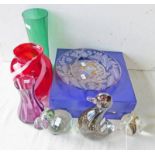 SELECTION OF COLOURED GLASS/CRYSTAL INCLUDING VASES, PAPERWEIGHTS, WINE GLASSES, ETC.