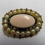 OVAL HALF PEARL & CORAL BROOCH IN FITTED CASE