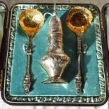 CASED SILVER SUGAR CASTOR LONDON 1839 & A PAIR OF CONTINENTAL SILVER SUGAR SIFTERS DECORATED WITH