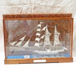 WHITE METAL SAILING SHIP IN GLASS DISPLAY CASE, PRESENTATION PLAQUE ENGRAVED WITH THE COMPLIMENTS OF