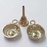 SILVER MINIATURE FUNNEL, LONDON 1889 AND 2 CONTINENTAL WINE TASTERS