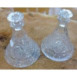 PAIR OF CUT GLASS SHIPS DECANTERS WITH ENGRAVED 3 MASTED SAILING SHIP DECORATION, 23CM TALL