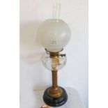 19TH CENTURY PARAFFIN LAMP WITH CUT GLASS FONT ON BRASS COLUMN