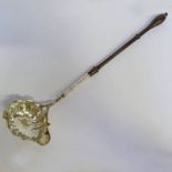 SILVER TODDY LADLE WITH SHAPED BOWL & TURNED HARDWOOD LADLE MARKED LONDON 1753