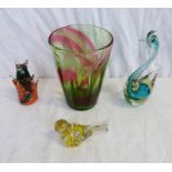 SELECTION OF COLOURED GLASS INCLUDING VASE, PAPERWEIGHTS, ANIMAL FIGURES