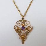 EARLY 20TH CENTURY PENDANT SET WITH AMETHYST AND SEED PEARL WITH FINE CHAIN