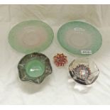 TWO VASART GLASS GREEN DISHES, PERTHSHIRE ART GLASS GREEN POSY VASE WITH RUFFLED EDGE, PERTHSHIRE
