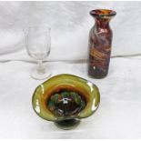 MDINA GLASS VASE WITH GREEN/BROWN DECORATION TOGETHER WITH GLASS WITH ETCHED DECORATION AND BON