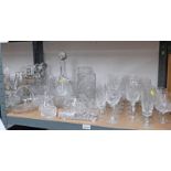 SELECTION OF CRYSTAL/GLASS INCLUDING DECANTERS, VASES, BOWLS, ETC. ON ONE SHELF