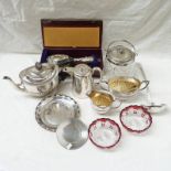 3 PIECE SILVER PLATED TEASET, COLOURED GLASS BOWLS, SILVER PLATED AND CUT GLASS BISCUIT BARREL, ETC.