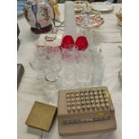 SELECTION OF CUT GLASS WARE INCLUDING DECANTERS, COLOURED GLASS, ROYAL ALBERT PLATE, ADDING