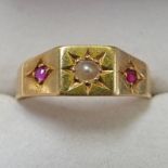 EARLY 20TH CENTURY SEED PEARL & RUBY SET RING MARKED 18CT