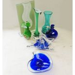 SELECTION OF COLOURED GLASS INCLUDING VASES, BASKET, ETC