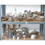 LARGE SELECTION OF SILVER PLATE INCLUDING 2 ENTREE DISHES, PART TEA SETS, SAUCE BOAT, VARIOUS SILVER