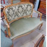 LATE 19TH CENTURY BEECH PARLOUR SETTEE ON CABRIOLE SUPPORTS
