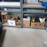 WOODEN STOOL, WEIGHTS GARDEN TOOLS POLYTHENE SHEETING, ETC. OVER TWO SHELVES