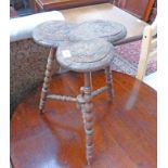 ARTS & CRAFTS WINE TABLE WITH SHAPED TOP CARVED DECORATION & TURNED SUPPORTS