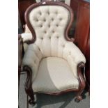 VICTORIAN MAHOGANY ARMCHAIR WITH BUTTON BACK & CABRIOLE SUPPORTS